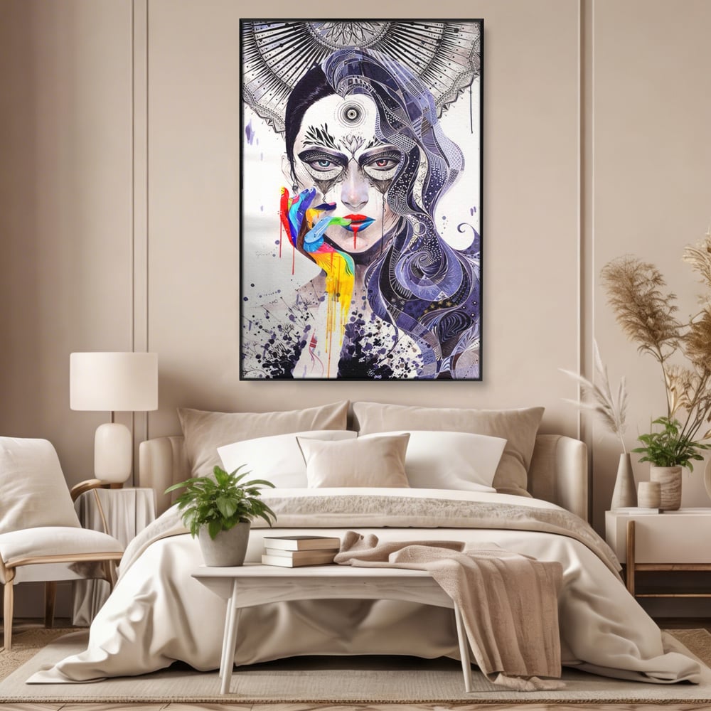 Tablou canvas cu tablou canvas cu portret abstract feminin, in rama de aluminiu negru, pe perete intr-un dormitor